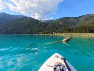 Beautiful view of Weissensee, Carinthia, Austria, captured from a kayak