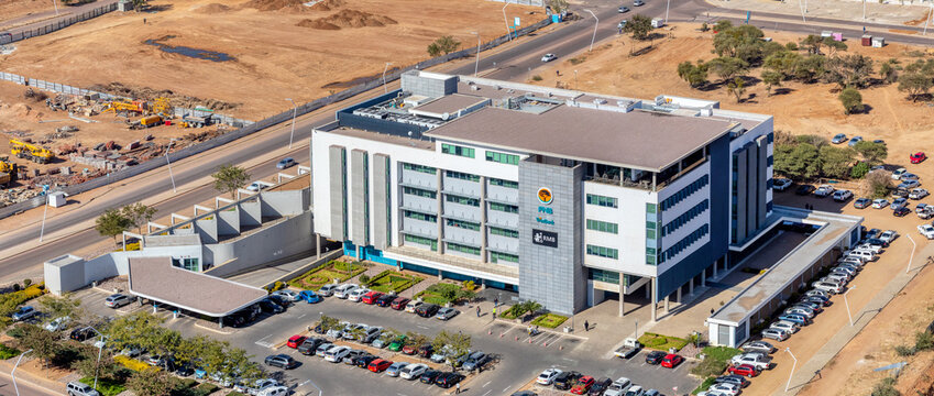 Botswana, Gaborone, 7.18.2019, editorial FNB, First National Bank, building in CBD, central business leading bank in Botswana by customer numbers, aerial view,