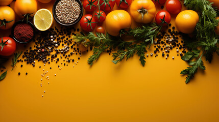 Top View of Spices and Vegetables Flat Lay With Copy Space on Selective Focus Yellow Background