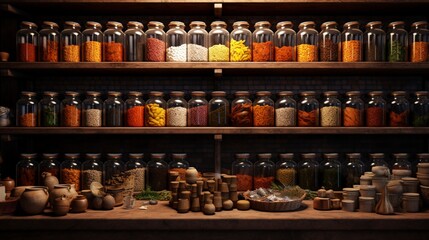 A spice and herbs store, shelves filled with jars, their colors and textures presenting a sensory overload.