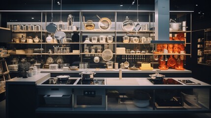 A store dedicated to kitchen gadgets, with a counter for demonstrations of the latest culinary tools. - obrazy, fototapety, plakaty