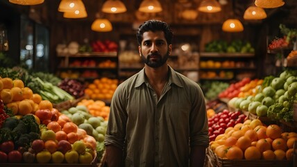 A indian shop owner with fruit shop in a supermarket. Ai ganerated image - obrazy, fototapety, plakaty