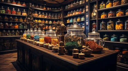 A tea emporium offering varieties from around the globe, with a scent-matching service. - obrazy, fototapety, plakaty