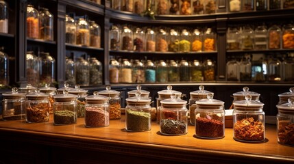 A tea emporium offering varieties from around the globe, with a scent-matching service. - obrazy, fototapety, plakaty