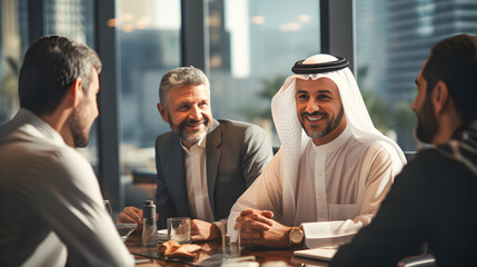 Investor and billionaire Arab Sheikh meeting with businessmen in an office.