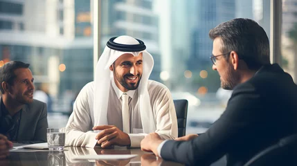 Fotobehang Arab businessman and investor meeting with Caucasian businessmen in an office. © JMarques