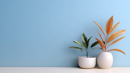Mockup light blue wall with plants in vases