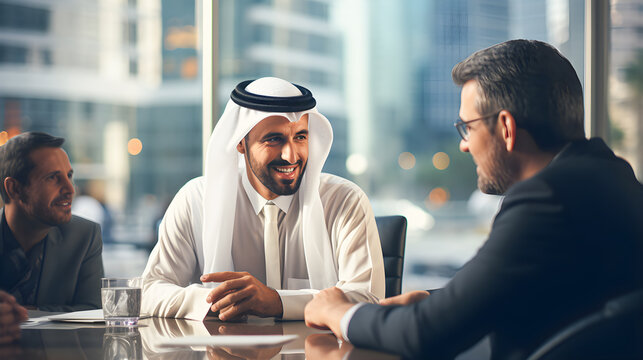 Arab businessman and investor meeting with Caucasian businessmen in an office.