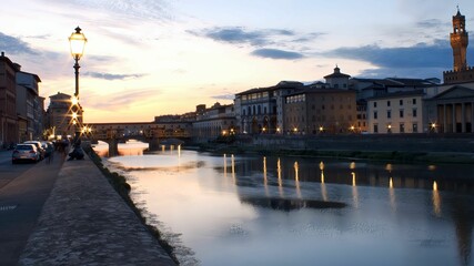Scenic view of Ponte Vecchio in twilight in Florence, Italy