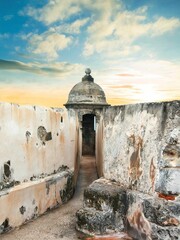 Vertical of guard post fort San Juan at sunset