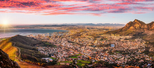 Cape town, south africa, aerial view, at dusk, sunset, city lights on