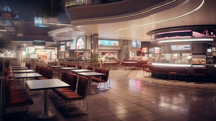 Glistening food court countertops, replete with an array of international cuisine, but entirely void of human activity.
