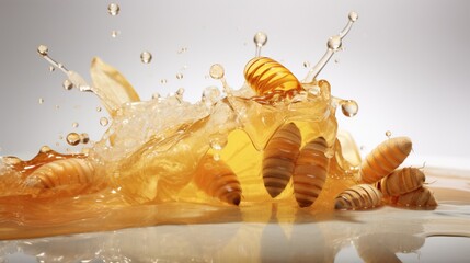 A close-up of golden honey drizzling over a slice of ginger, emphasizing natural remedies, against a brilliant white landscape. - obrazy, fototapety, plakaty