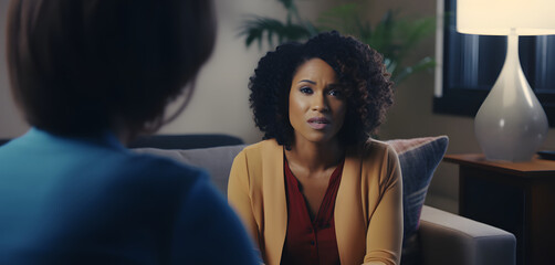 African American psychologist talking to her patient - obrazy, fototapety, plakaty