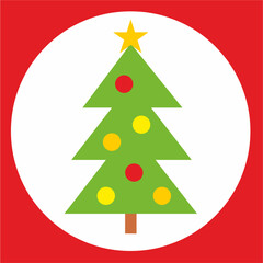 Christmas tree, vector symbol, label, white circle frame on red background, eps.