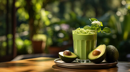 Glass of Green Fresh Avocado Smoothie With Lemons Blurry Background