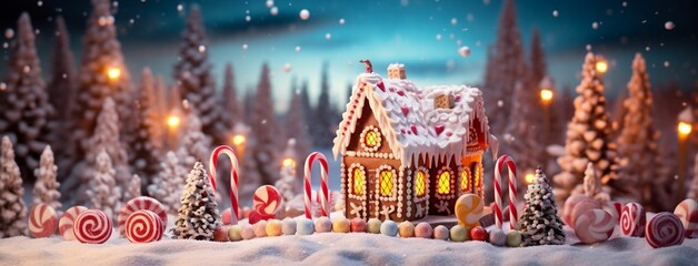 AI generated illustration of a cozy gingerbread house with white snow and tall trees