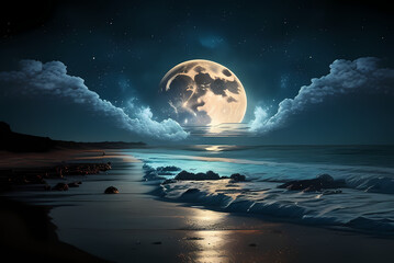 Full Moon reflecting off the ocean waves, cloudy night on a sandy beach