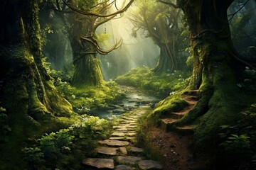 A pathway surrounded by lush trees and vegetation in a mystical woodland. Generative AI - obrazy, fototapety, plakaty