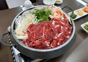 Korean food - Stir-fried Octopus, Beef and Mushroom Hot Pot
