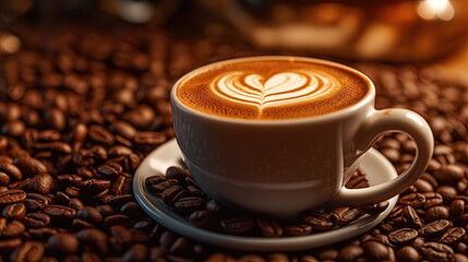 Close Up of Cup of Cappuccino Coffee Drawn with a Heart on Selective Focus Background