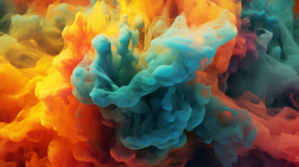 Fototapeta premium Arrière-plan de pigment de peinture, effet texturé, mélange de peinture, fumée et de couleurs, bleu, jaune et orange. Fond pour conception et création graphique. 