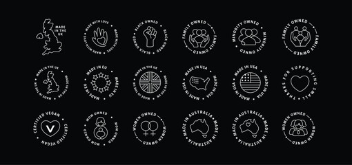 Country of Origin Icons. Made in USA, UK, EU, Australia Symbols.