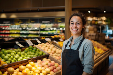 Smiling saleswoman near counter with fruits in the supermarket - obrazy, fototapety, plakaty