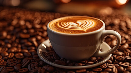 A Cup of Cappuccino Coffee Drawn with a Heart on The Side of Coffee Beans on Blurry Background