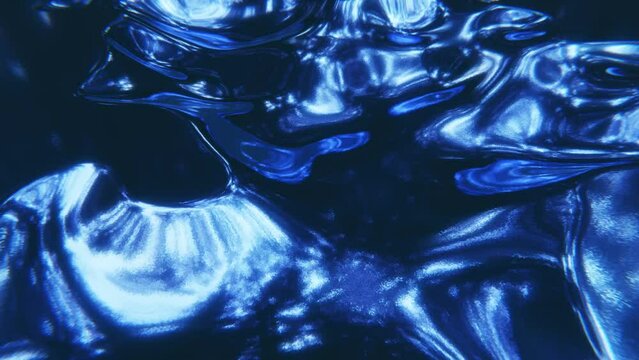 Abstract 3D animation of glitter chrome metallic oil neon blue puddle with reflective noise texture and random connected structure 4K 30 fps loopable video