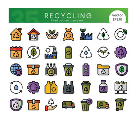 Set of recycling icons. Filled outline style icon bundle. Vector Illustration
