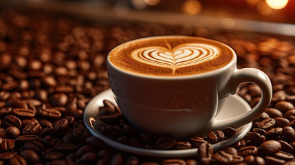 A Cup of Cappuccino Coffee Drawn with a Heart on The Side of Coffee Beans on Blurry Background