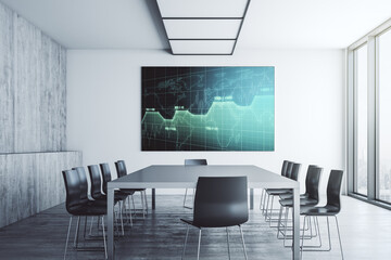 Abstract statistics data hologram interface on presentation monitor in a modern boardroom, computing and analytics concept. 3D Rendering