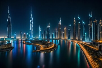 Obraz premium country marina at night country, A panoramic view of the Dubai city skyline at night