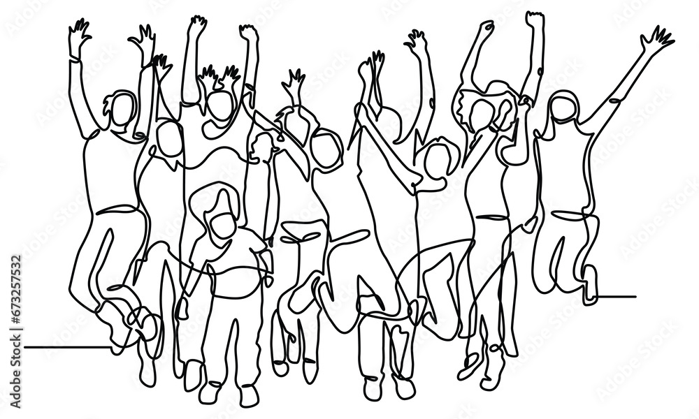 Wall mural Continuous line drawing of Happy big team group.Continuous line drawing. Vector illustration. The concepts of happiness and freedom are isolated on a white background.
