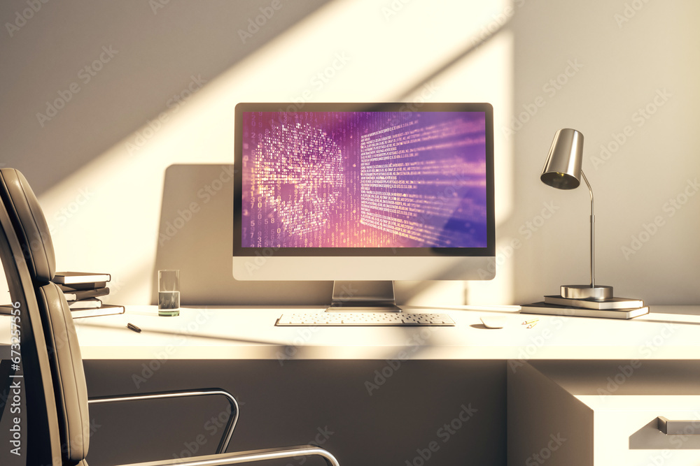 Leinwandbilder Creative code skull hologram on modern computer monitor, cybercrime and hacking concept. 3D Rendering
