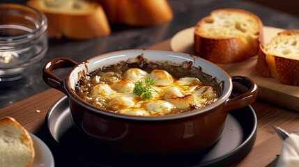 A Dish of Classic French Onion Soup on a Table Top on Selective Focus Background