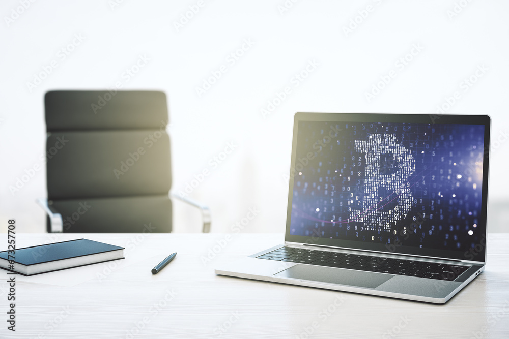 Poster Modern computer monitor with creative Bitcoin symbol. Cryptocurrency concept. 3D Rendering