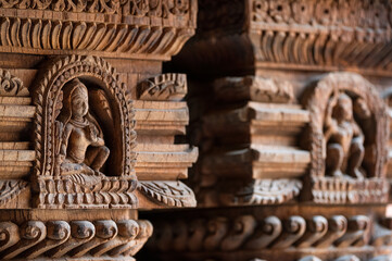 Carved wood wall decoration in Patan Durbar Square royal medieval palace and UNESCO World Heritage...