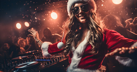 New Year DJ girl, x-mas costume, music console, Wooden round table, winter holidays concept,...