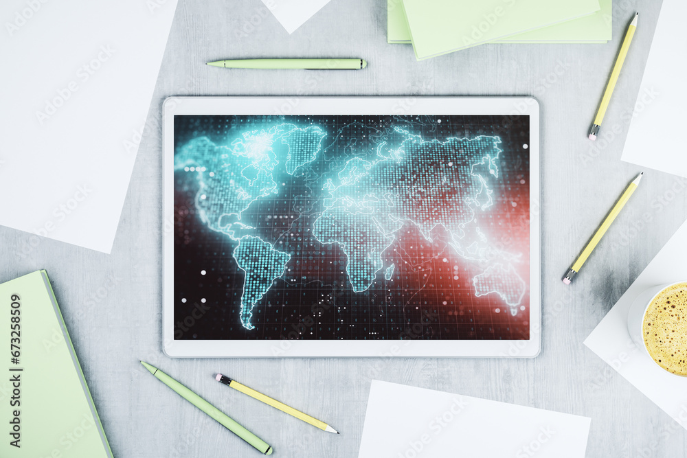 Poster abstract creative world map on modern digital tablet monitor, tourism and traveling concept. top vie