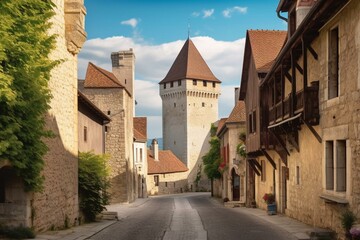 A picturesque medieval town street with a prominent castle. Generative AI