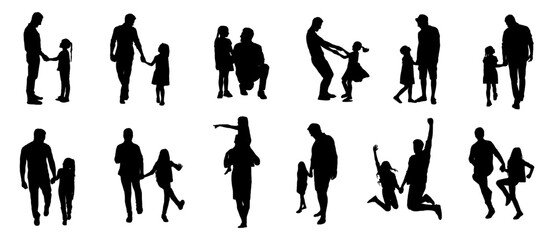 Illustration silhouettes set of a father and daughter vector - obrazy, fototapety, plakaty