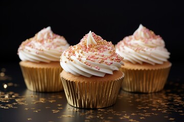 Delicious cupcakes with frosted tops and golden sprinkles, ideal for celebrating. Generative AI