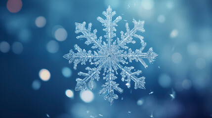 Fototapeta na wymiar Snowflake on a blue background with bokeh effect. 