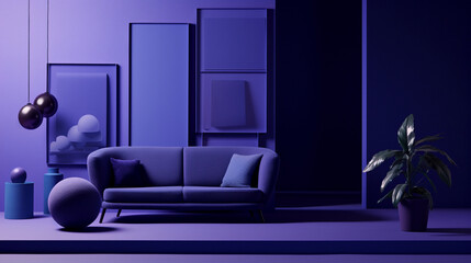 Futuristic living room. Abstract shapes, visual aesthetic. Color palette heavily accented with dark...