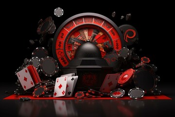 3D rendered illustration of casino slot machine cards, poker, blackjack, baccarat, black and red ace symbols, and a banner. Generative AI