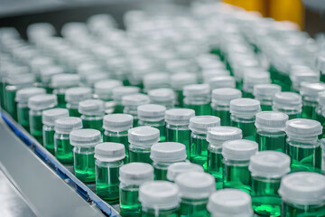 Fototapeta premium Medical vials on production line at pharmaceutical factory. AI generated