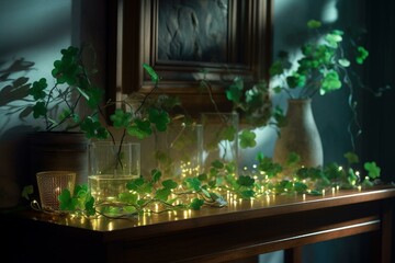 A festive St. Patrick's Day scene with floating clovers and gentle lighting. Generative AI