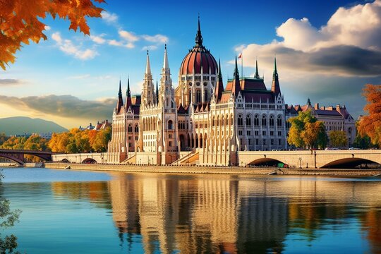 Iconic architectural landmark and scenic river in Budapest. Generative AI